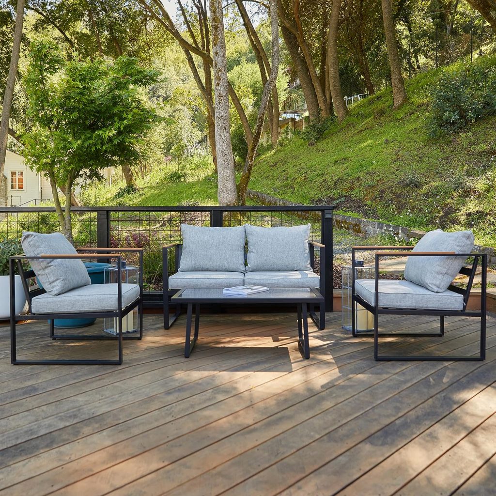 EAST OAK Courtyard Patio Furniture Set, 4-Piece Outdoor Patio Set with Sofa, Removable Washable Deep Seating Cushion, Tempered Glass Table, Outside Patio Conversation Sets, Black Grey