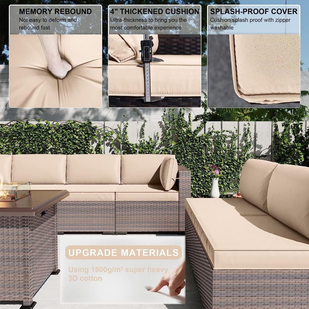 Kullavik 13 Pieces Outdoor Patio Furniture Set with 43 55000BTU Gas Propane Fire Pit Table PE Wicker Rattan Sectional Sofa Patio Conversation Sets,Sand