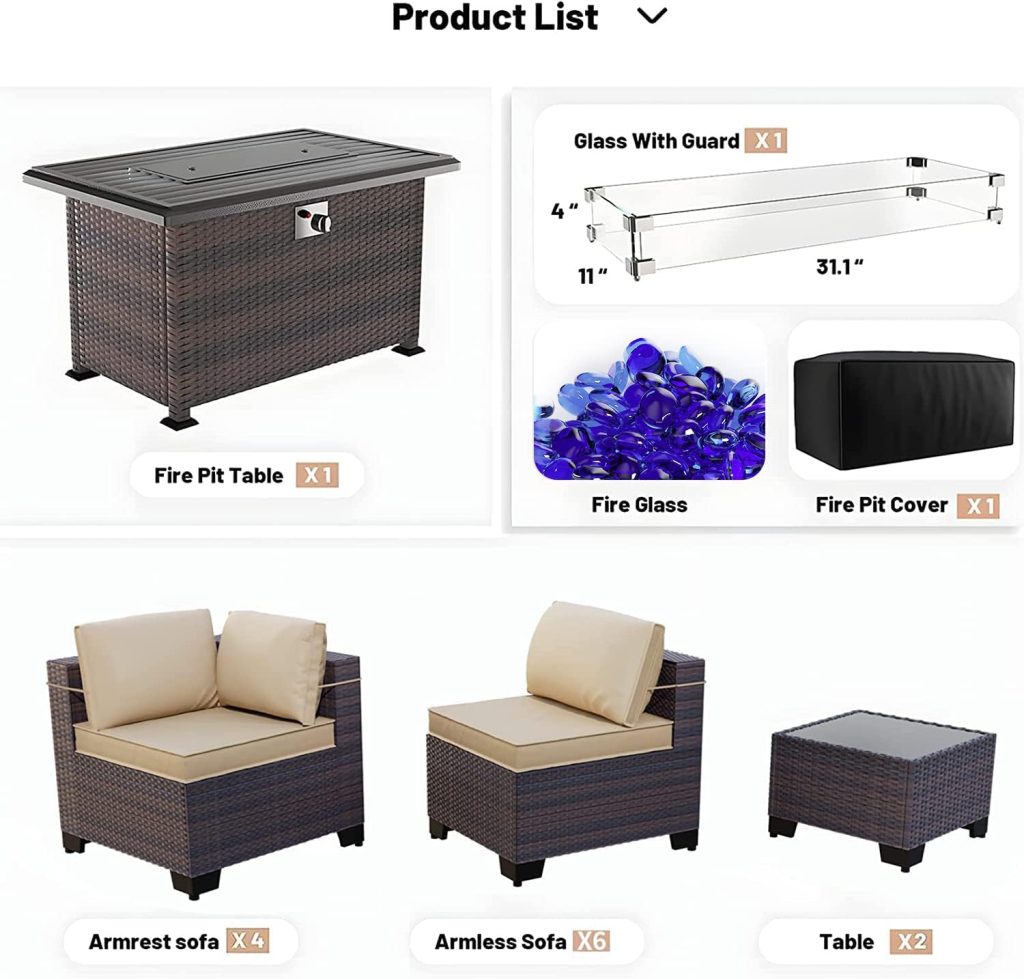 Kullavik 13 Pieces Outdoor Patio Furniture Set with 43 55000BTU Gas Propane Fire Pit Table PE Wicker Rattan Sectional Sofa Patio Conversation Sets,Sand