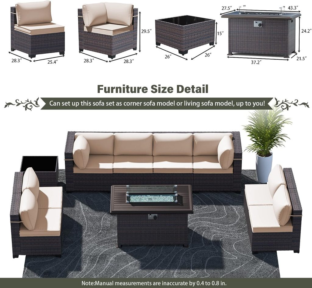 RTDTD Outdoor Patio Furniture Sets with Propane Fire Pit Table, 10 Pieces Outdoor Furniture Patio Sectional Sofa Conversation Sets w/ETL Approved 43 Gas Outdoor Fire Table Coffee Table Brown