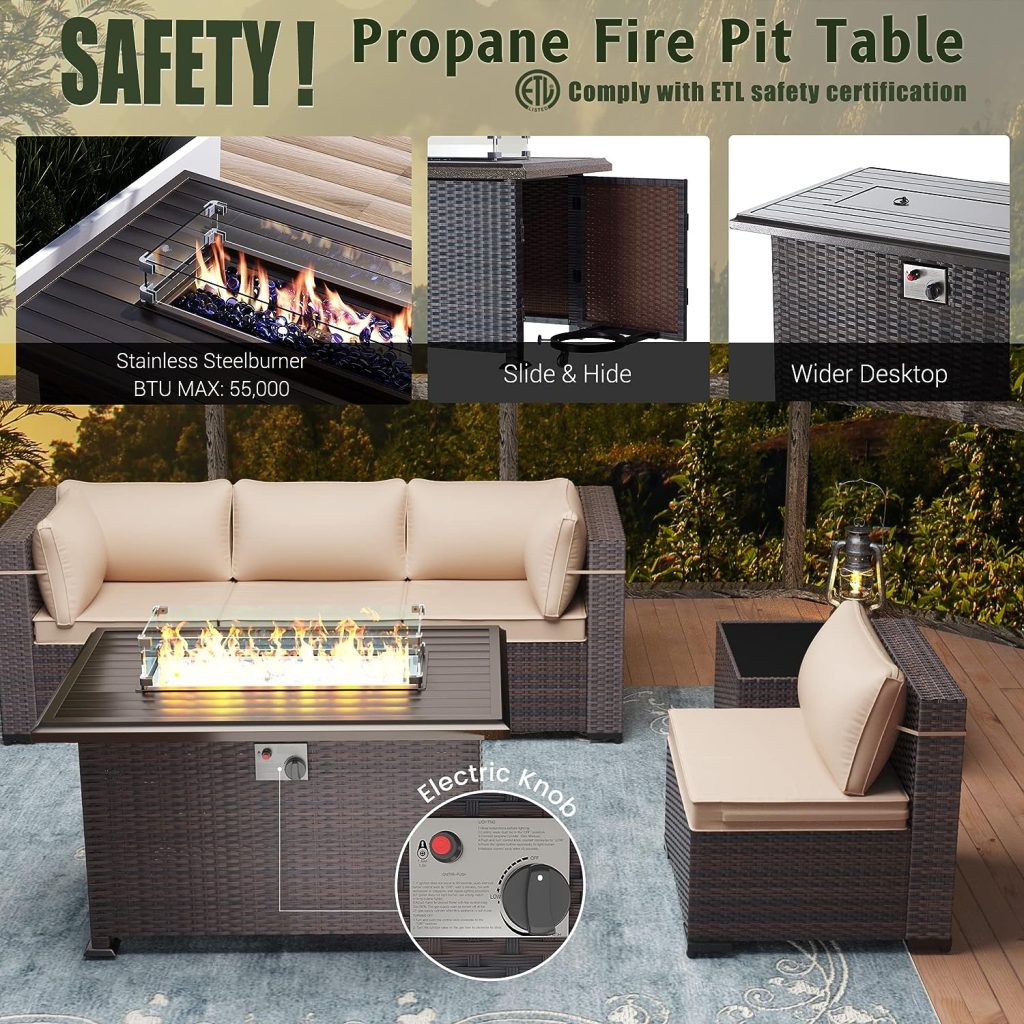RTDTD Outdoor Patio Furniture Sets with Propane Fire Pit Table, 10 Pieces Outdoor Furniture Patio Sectional Sofa Conversation Sets w/ETL Approved 43 Gas Outdoor Fire Table Coffee Table Brown
