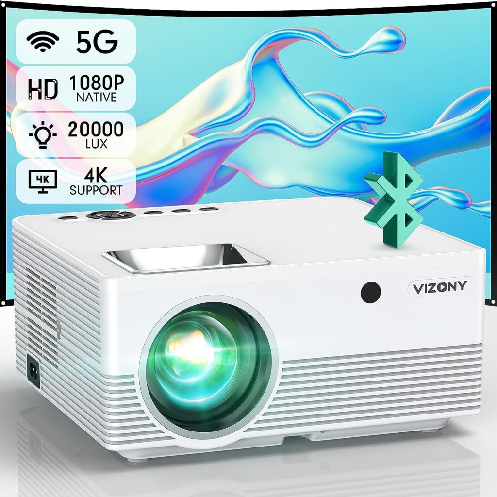 VIZONY Projector with 5G WiFi and Bluetooth, 20000L 600ANSI Full HD Native 1080P Projector, Support 4k 350 Display with Carry Case, Outdoor Movie Projector Compatible w/Phone/TV Stick/Laptop, White