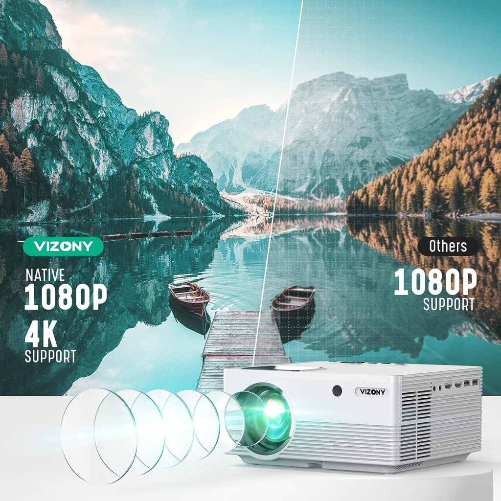 VIZONY Projector with 5G WiFi and Bluetooth, 20000L 600ANSI Full HD Native 1080P Projector, Support 4k 350 Display with Carry Case, Outdoor Movie Projector Compatible w/Phone/TV Stick/Laptop, White