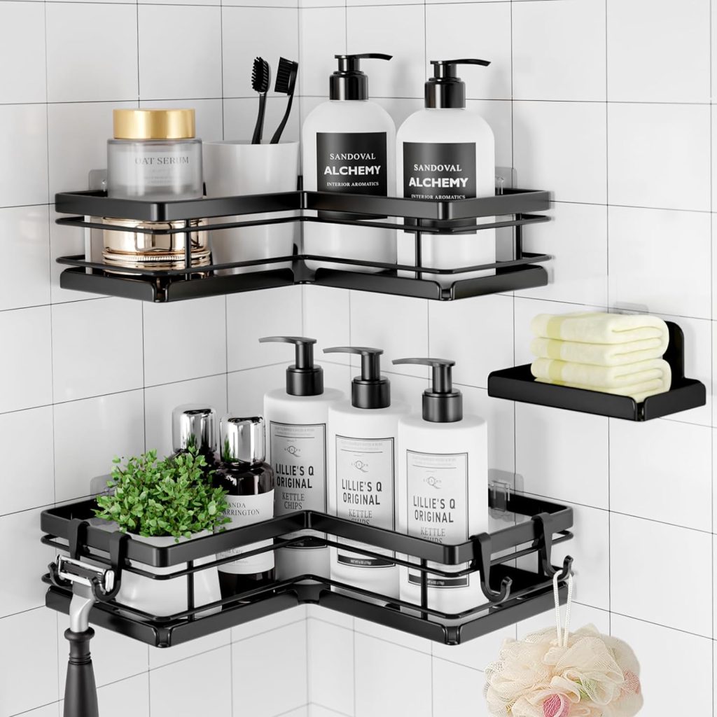 Sakugi Shower Caddy - 3 Piece Set, Corner Shower Shelves with Hooks Soap Holder, Rustproof Adhesive Shower Caddy for Corner, No Drilling Shower Shelf for Inside Shower, Shower Organizer, Black