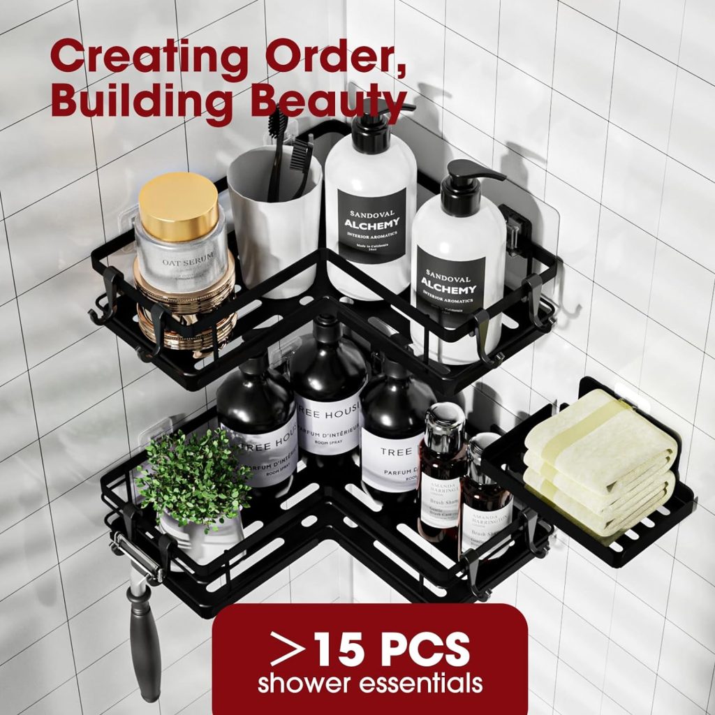 Sakugi Shower Caddy - 3 Piece Set, Corner Shower Shelves with Hooks Soap Holder, Rustproof Adhesive Shower Caddy for Corner, No Drilling Shower Shelf for Inside Shower, Shower Organizer, Black