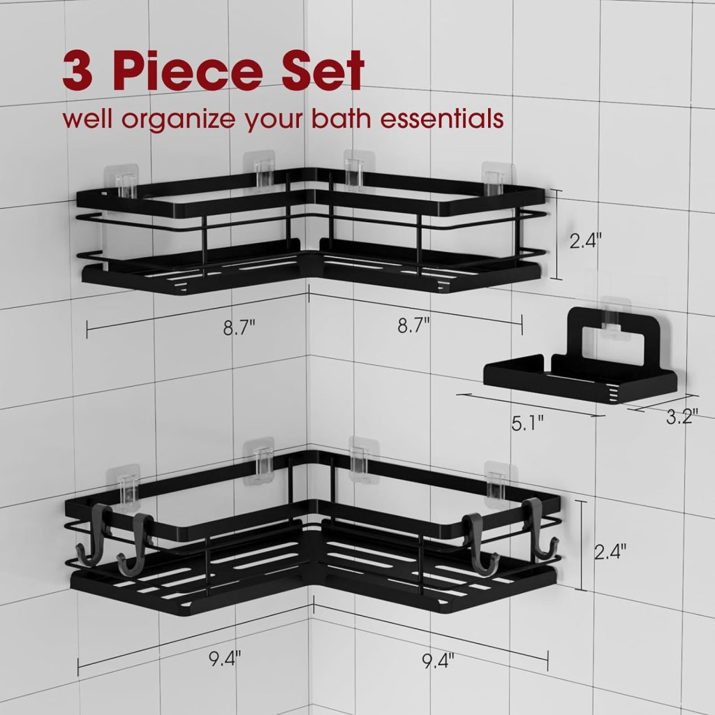 Sakugi Shower Caddy - 3 Piece Set, Corner Shower Shelves with Hooks Soap Holder, Rustproof Adhesive Shower Caddy for Corner, No Drilling Shower Shelf for Inside Shower, Shower Organizer, Black