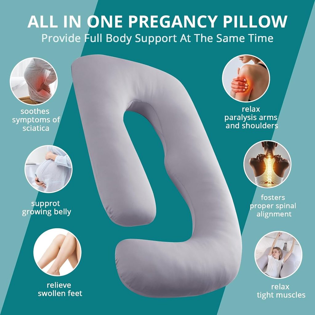 Sasttie Pregnancy Pillows for Sleeping, Maternity Pillow for Pregnant Women, U Shaped Body Pillow Pregnancy Must Haves, 59 Full Pregnant Pillow with Removable Cover, Light Grey
