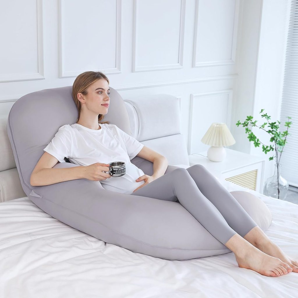 Sasttie Pregnancy Pillows for Sleeping, Maternity Pillow for Pregnant Women, U Shaped Body Pillow Pregnancy Must Haves, 59 Full Pregnant Pillow with Removable Cover, Light Grey