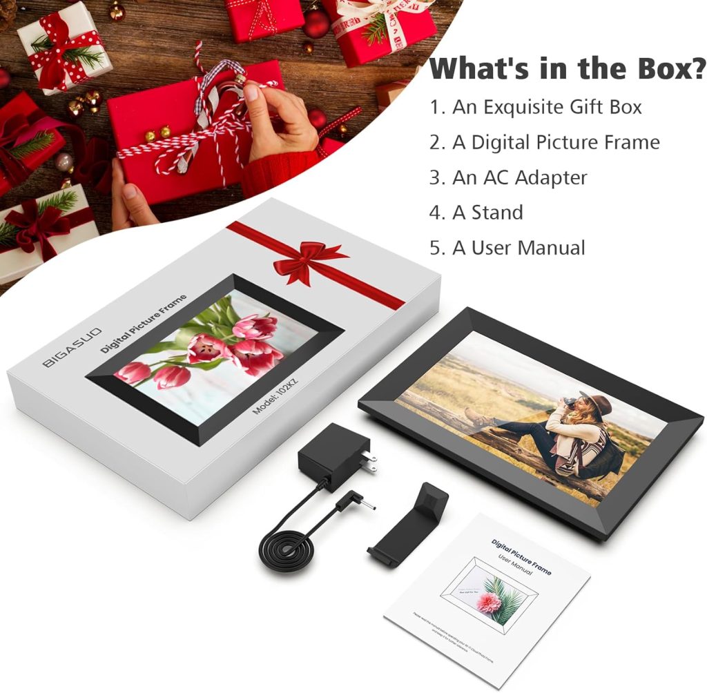 BIGASUO 10.1 Inch WiFi Digital Picture Frame, IPS HD Touch Screen Cloud Smart Photo Frames with Built-in 16GB Memory, Wall Mountable, Auto-Rotate, Share Photos Instantly from Anywhere-Great Gift