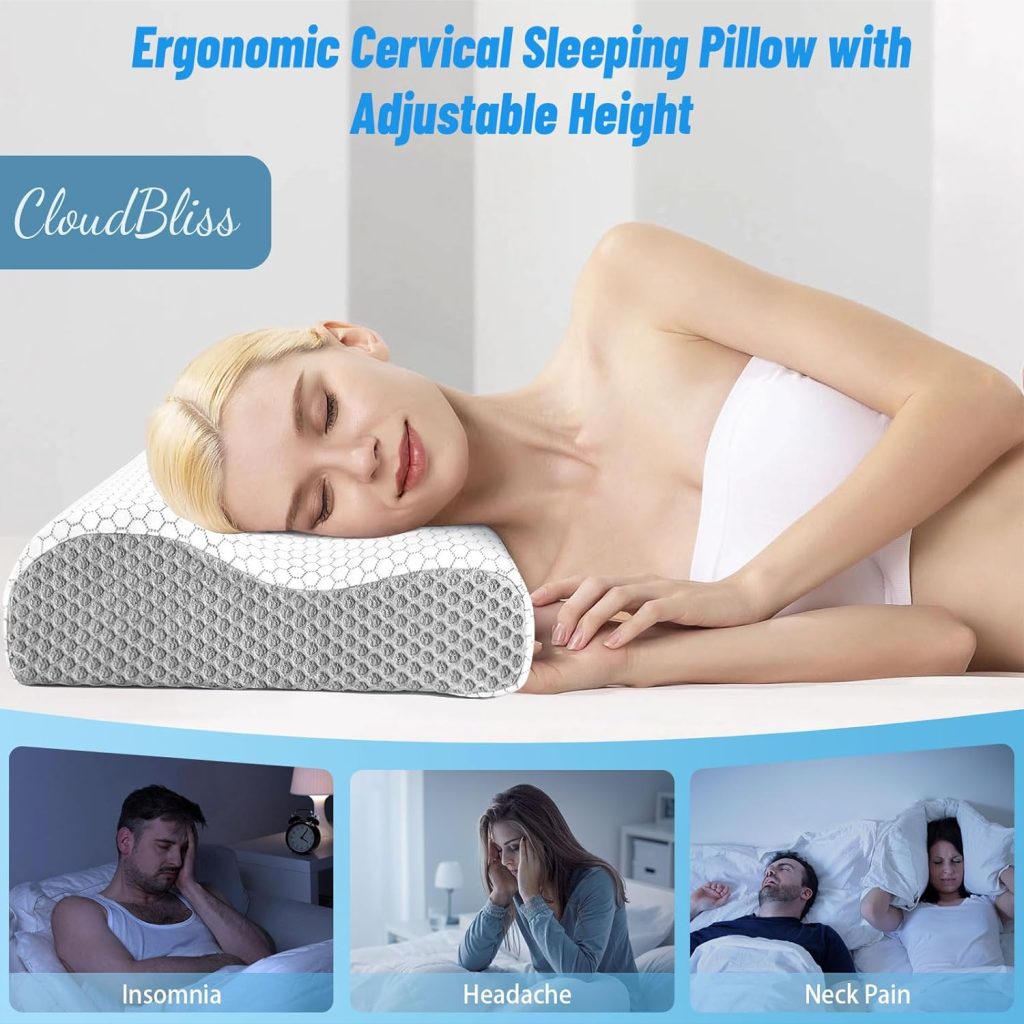 CloudBliss Memory Foam Pillow, Ergonomic Neck Contour Cervical Pillow for Neck and Shoulder Pain, Orthopedic Pillow for Neck Pain Relief, for Sleeping Side, Back, Stomach Sleepers - Blue, Standard