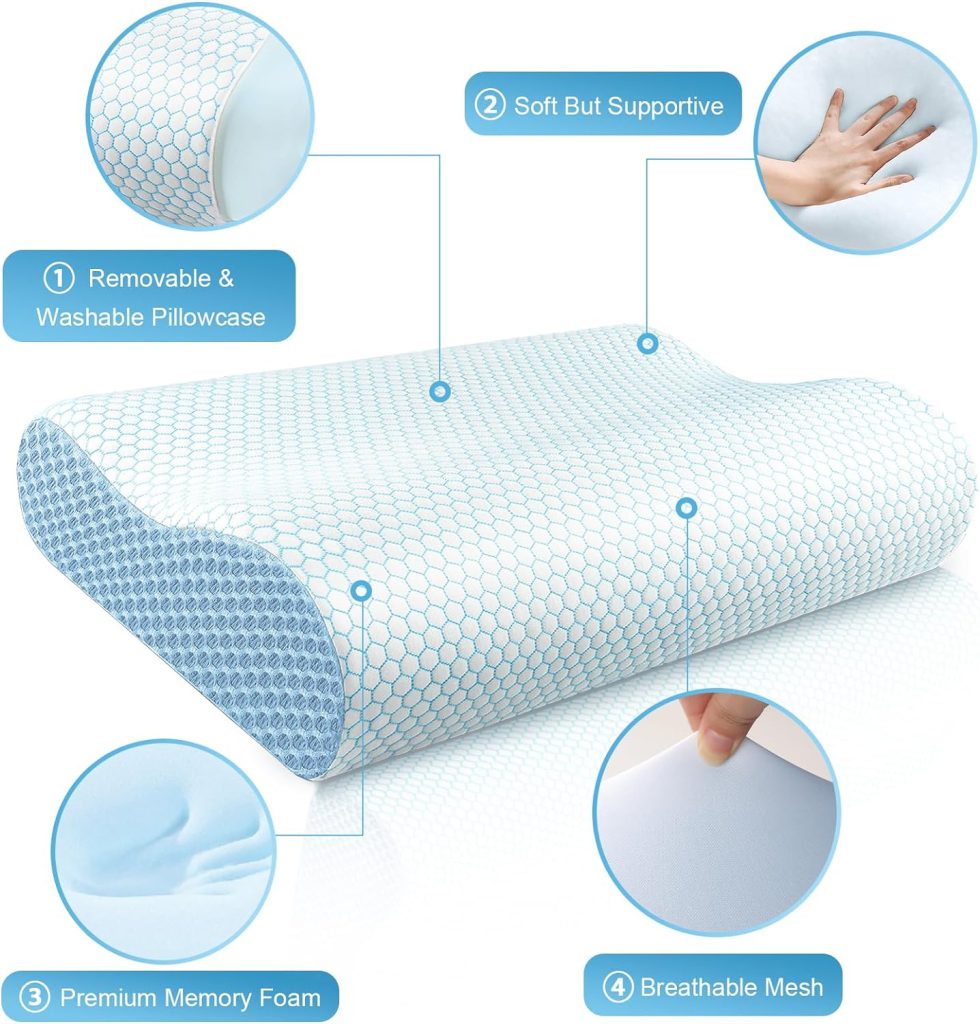 CloudBliss Memory Foam Pillow, Ergonomic Neck Contour Cervical Pillow for Neck and Shoulder Pain, Orthopedic Pillow for Neck Pain Relief, for Sleeping Side, Back, Stomach Sleepers - Blue, Standard