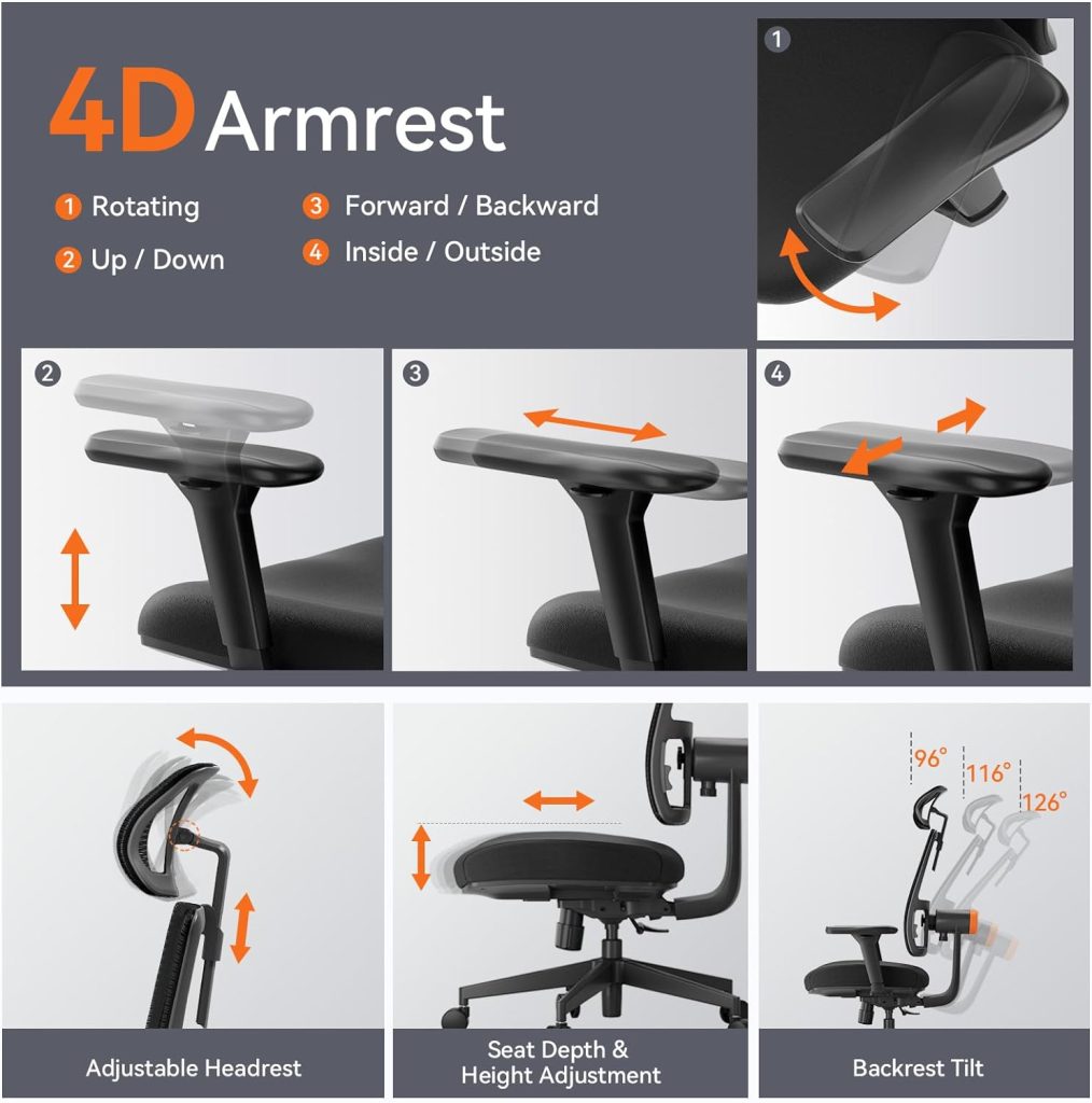 Newtral Ergonomic Home Office Chair, High Back Desk Chair with Unique Adaptive Lumbar Support, Adjustable Headrest, Seat Depth Adjustment, 96°-126° Tilt Function, 4D Armrest Recliner Chair for Office