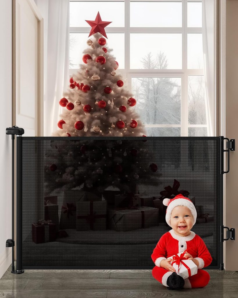 Cumbor Retractable Baby Gates for Stairs, Extends up to 55 Wide Mesh Dog Gate for The House, 34 Tall Safety Child Gates for Doorways Hallways,Pet Gate Indoor Outdoor,2 Set of Accessories, Black