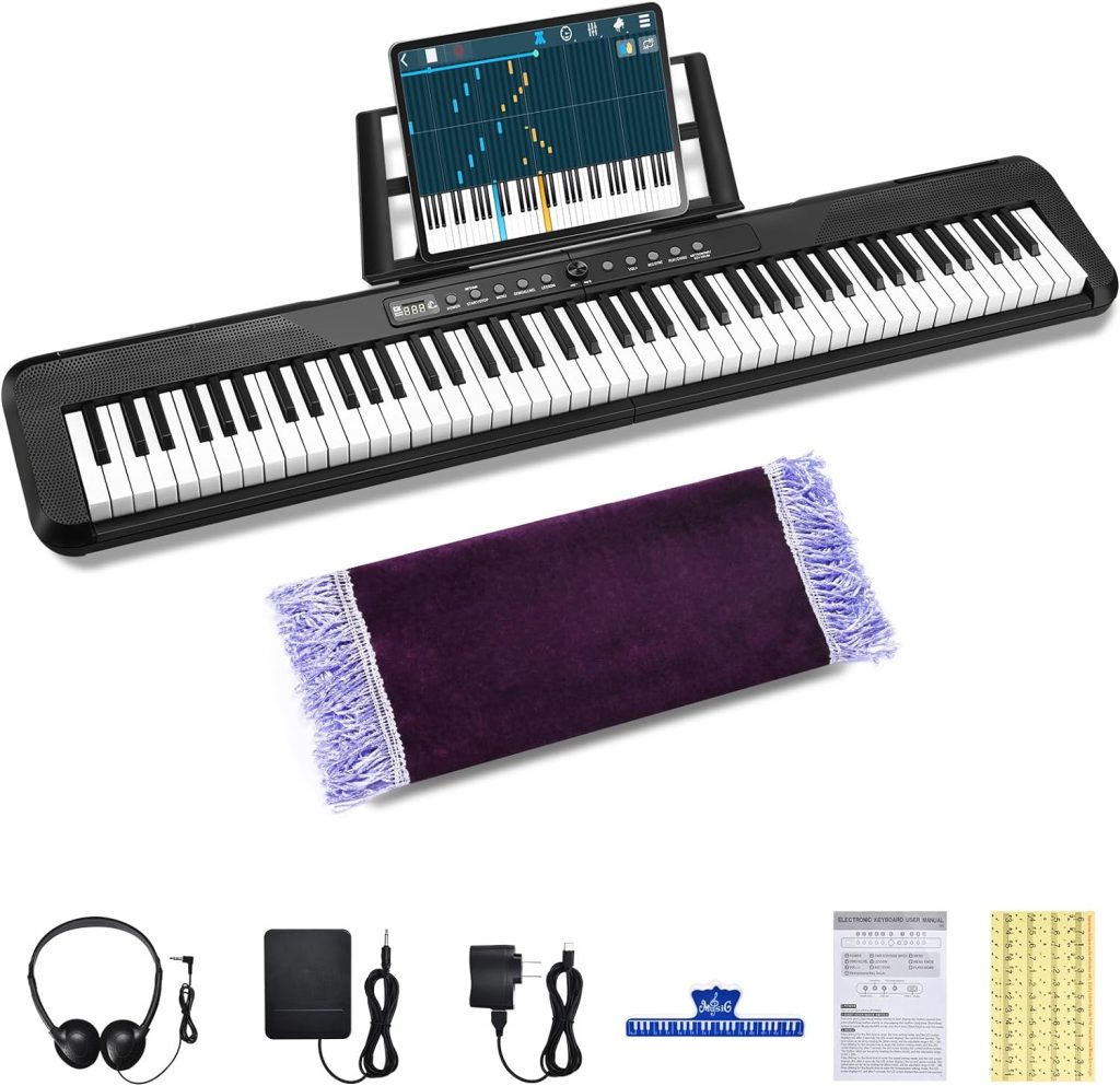 88 Key Digital Piano, Portable Electronic Keyboard Piano with Music Stand, Power Supply, Sustain Pedal, Bluetooth, MIDI, for Beginner Professional at Home, Stage