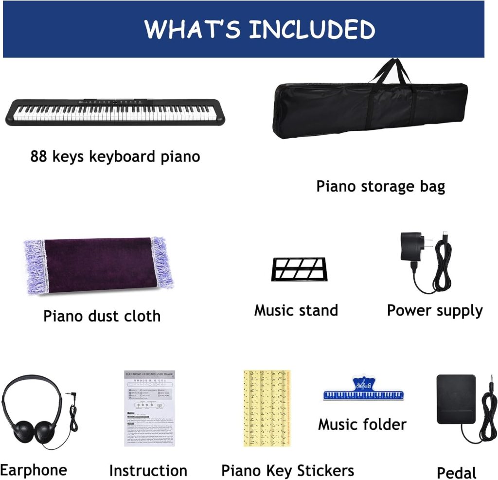 88 Key Digital Piano, Portable Electronic Keyboard Piano with Music Stand, Power Supply, Sustain Pedal, Bluetooth, MIDI, for Beginner Professional at Home, Stage