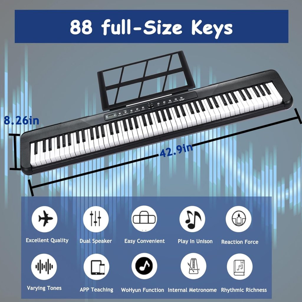 88 Key Digital Piano, Portable Electronic Keyboard Piano with Music Stand, Power Supply, Sustain Pedal, Bluetooth, MIDI, for Beginner Professional at Home, Stage