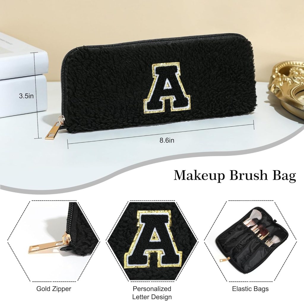 YOOLIFE Travel Makeup Bag for Women, Initial Make Up Bag with Makeup Brush Bag Monogram Makeup Bags 2 Pieces Cute Makeup Bag Personalized Sister Gifts Best Friend Birthday Gifts for Women Black A