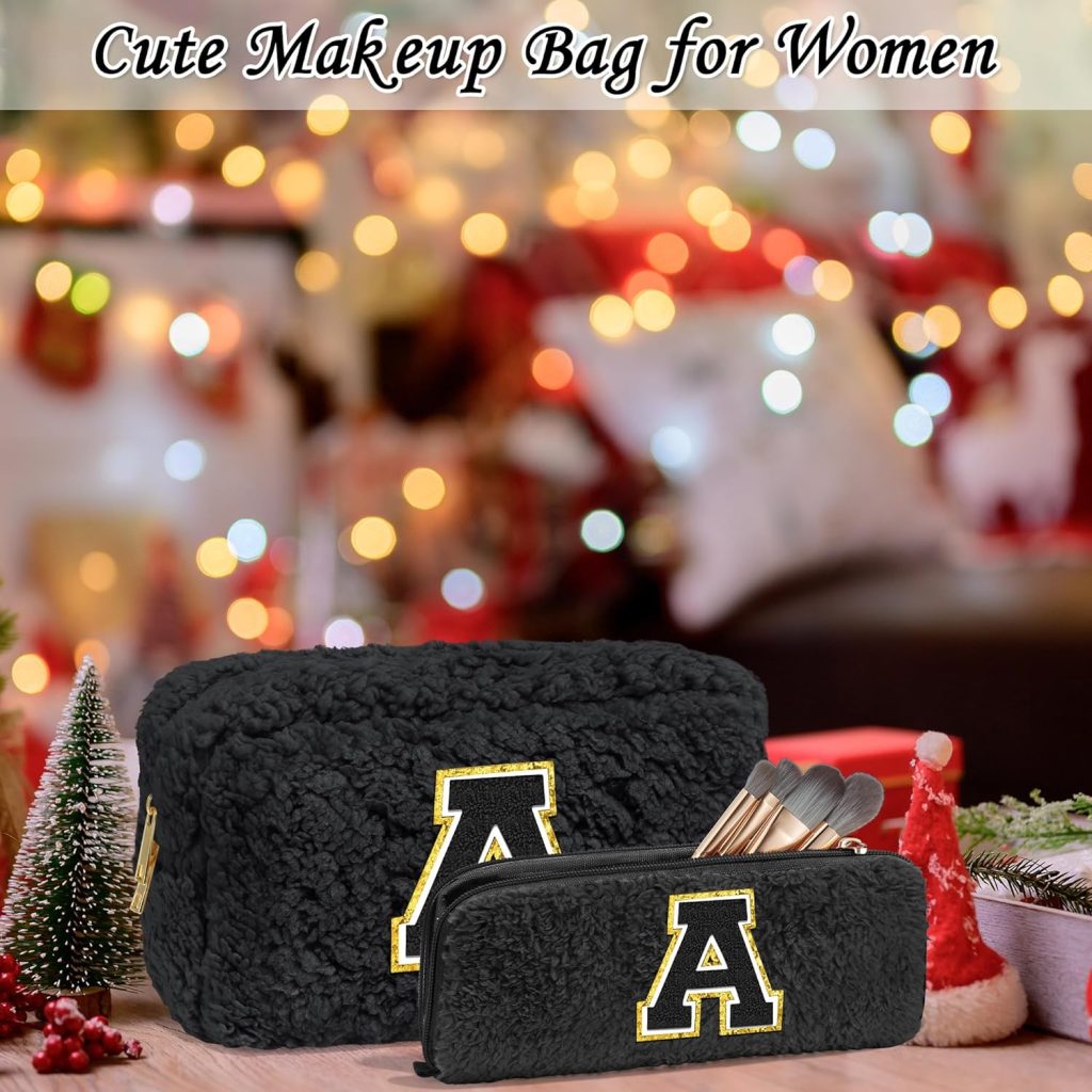 YOOLIFE Travel Makeup Bag for Women, Initial Make Up Bag with Makeup Brush Bag Monogram Makeup Bags 2 Pieces Cute Makeup Bag Personalized Sister Gifts Best Friend Birthday Gifts for Women Black A