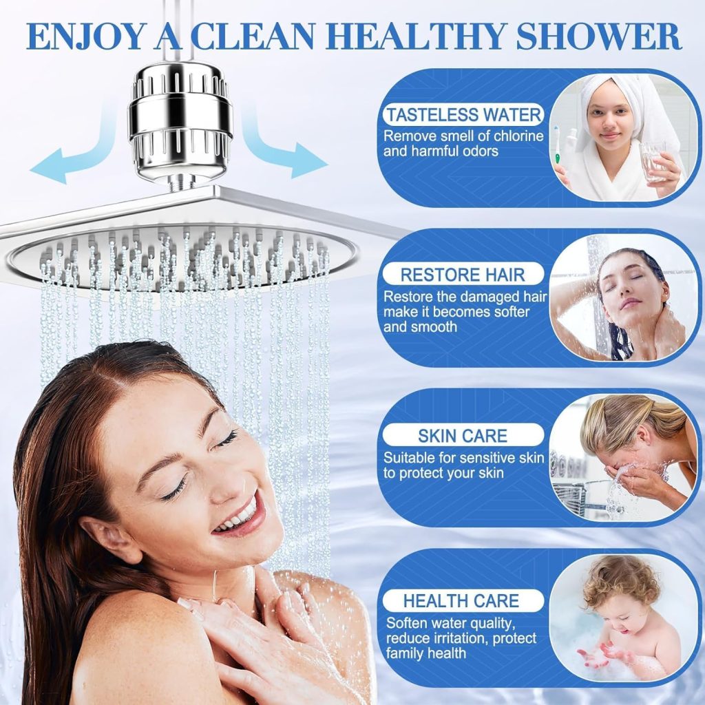 WYBQ Shower Filter 20 Stage Shower Head Filter for Hard Water with 2 Replaceable Filter Cartridges Water Softener High Pressure Shower Water Filter Remove Chlorine Fluoride, Polished Chrome